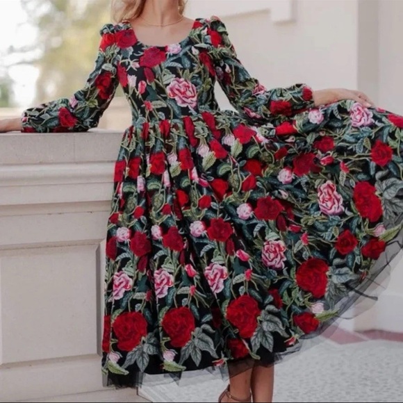JessaKae Briar Red Rose MIDI Dress Gown Embroidered Floral Formal Wedding Prom